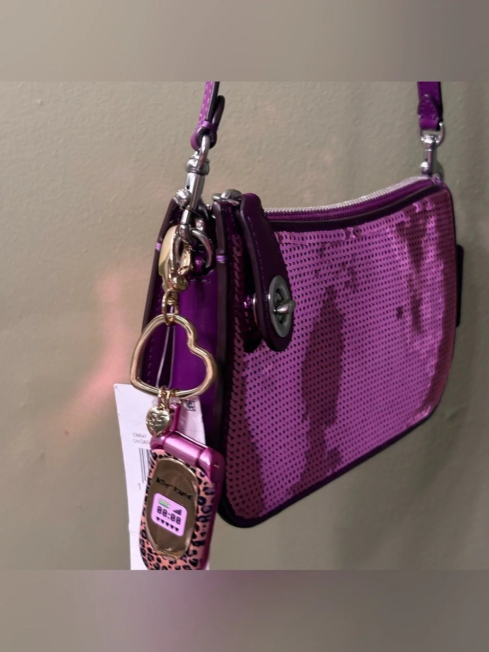 Coach Purple Sequin Shoulder Bag with Heart cell phone Charm Key Fob